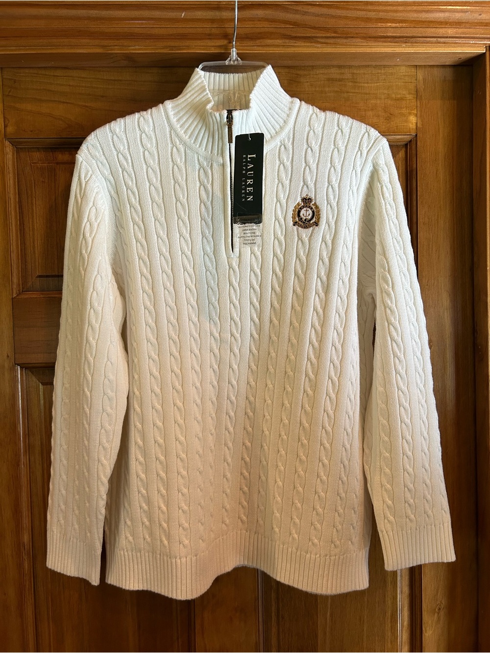 Lauren Ralph Lauren White Cable-Knit Quarter-Zip Sweater with Crest